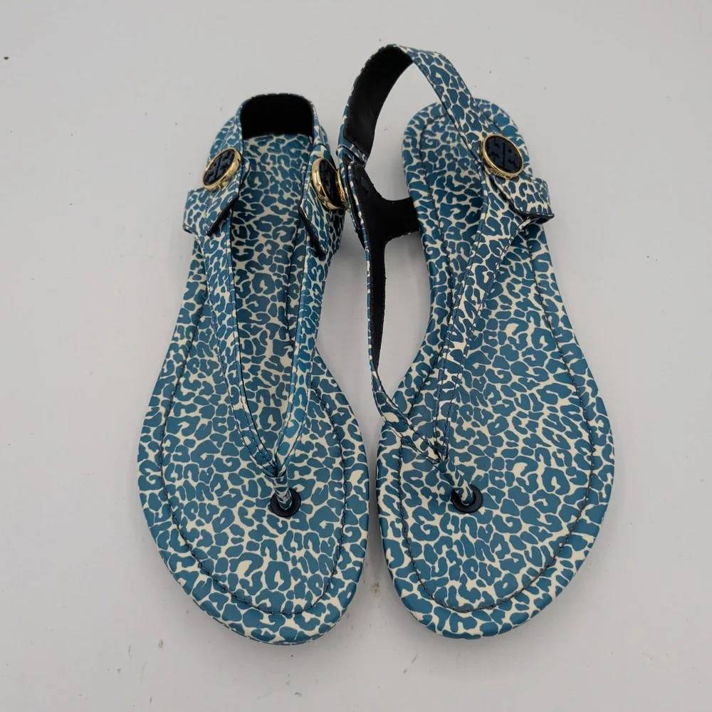 Tory Burch Minnie Travel Sandal Blue Leopard Print Leather Thong Slingback 8M